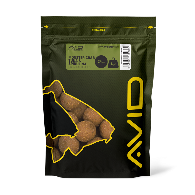 Boilies Avid Carp Premium Monster Crab Tuňák a spirulina 24 mm