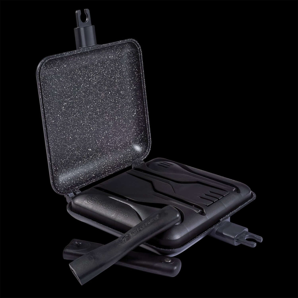 Tostadora Ridge Monkey Connect 10th Anniversary con utensilios y asas magnéticos, perfecta para carpfishing.