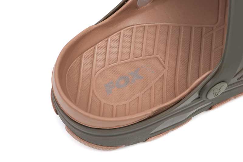 Interior view of Fox Clogs in khaki, featuring a textured sole and ventilation for comfort during fishing sessions.